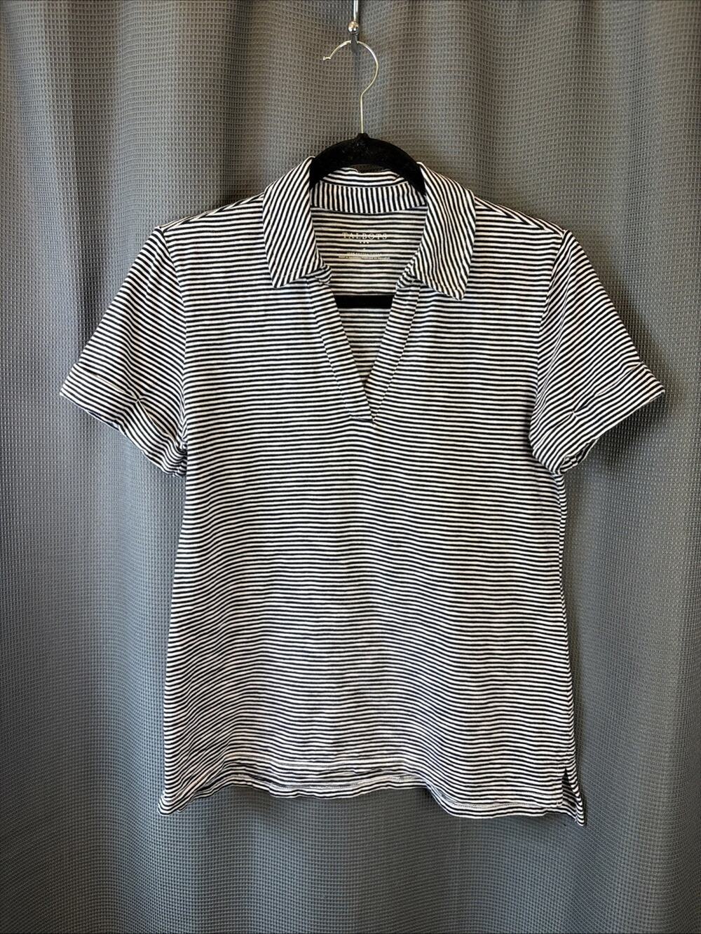 Talbots Women’s Collared Neck Slit Navy 100% Cotton Short Sleeve Top Size Small